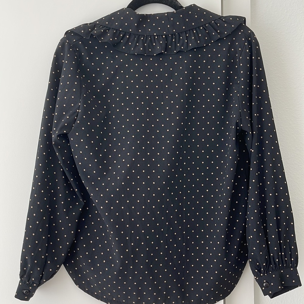 BLACK POLKA DOT RUFFLE BLOUSE TOP - Picture 3 of 3